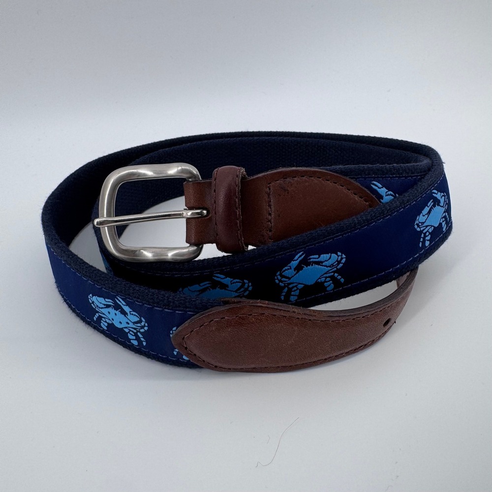 The Belted Cow Blue Crab Canvas Belt Men 46 Navy Leather Trim Nautical Preppy